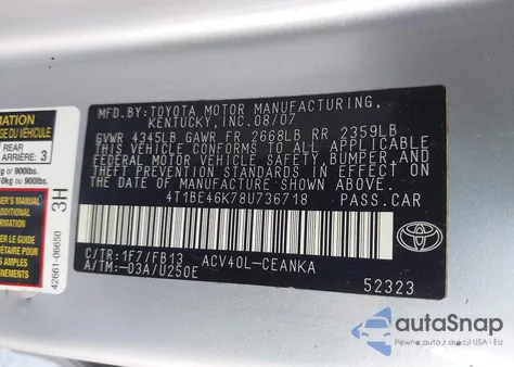 2008 Toyota Camry Le from USA, damaged, VIN 4T1BE46K78U736718